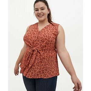New Torrid Womans 5X Blouse Leopard Peplum Button Tie Front Georgette NWT